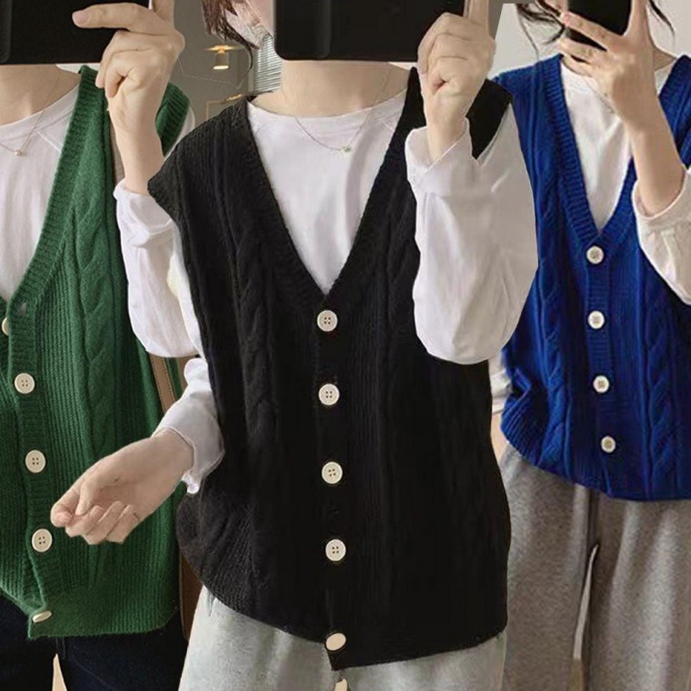 เสื้อกั๊กไหมพรมวูลล์คอวีลายเปียสำหรับผู้หญิงใส่ในฤดูใบไม้ร่วง