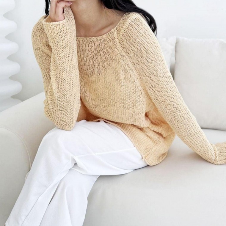 เสื้อไหมพรมลินินแขนยาวทรงหลวมสำหรับใส่ไปทะเล/พักร้อน