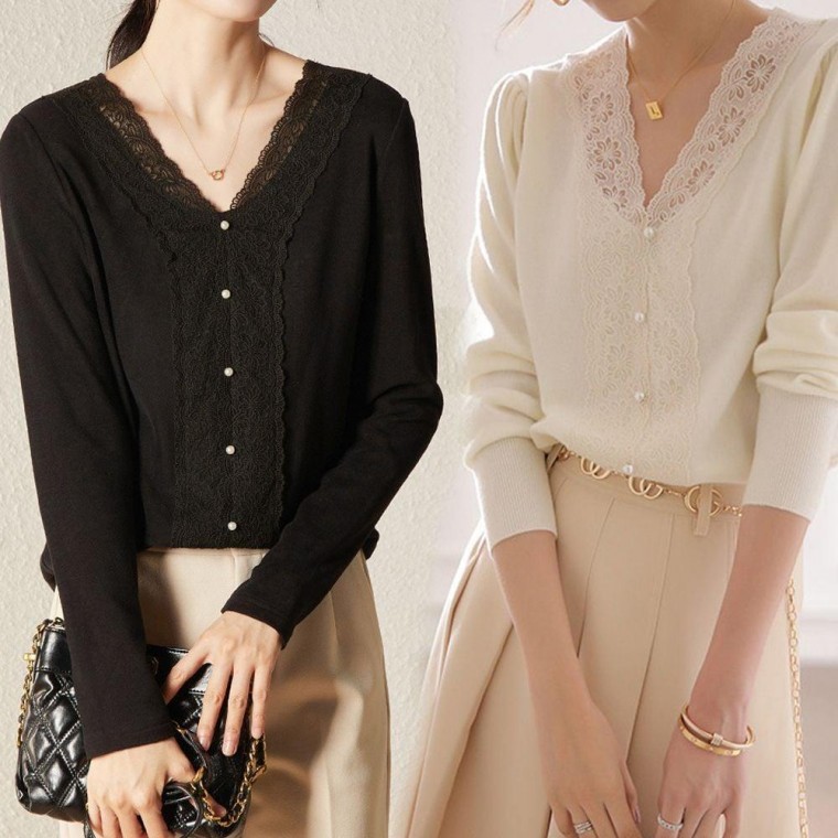 เสื้อไหมพรมแขนยาวคอวีแต่งลูกไม้สำหรับฤดูใบไม้ผลิ/ใบไม้ร่วง