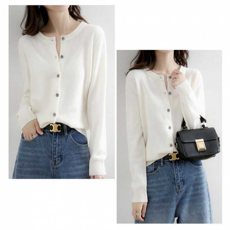 เสื้อคลุม/คาร์ดิแกนแขนยาวคอกลมไม่มีลายสำหรับใส่ในห้องแอร์