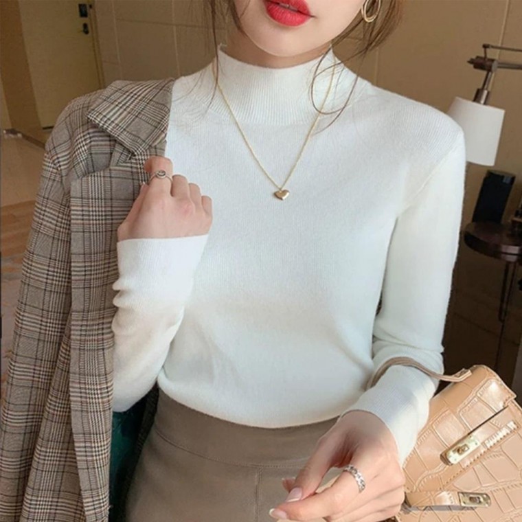 เสื้อไหมพรมคอเต่า/คอปีนทรงสลิมฟิตแขนยาวผ้าบางสำหรับผู้หญิง