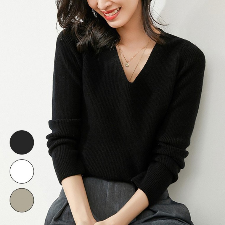 เสื้อไหมพรมแขนยาวคอวีทรงสลิมฟิตผ้าร่องสำหรับผู้หญิงใส่ในฤดูใบไม้ผลิ/ใบไม้ร่วง