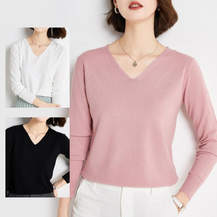 เสื้อไหมพรมแขนยาวคอวีผ้าบางทรงสวยสำหรับผู้หญิงใส่ในฤดูใบไม้ผลิ/ใบไม้ร่วง