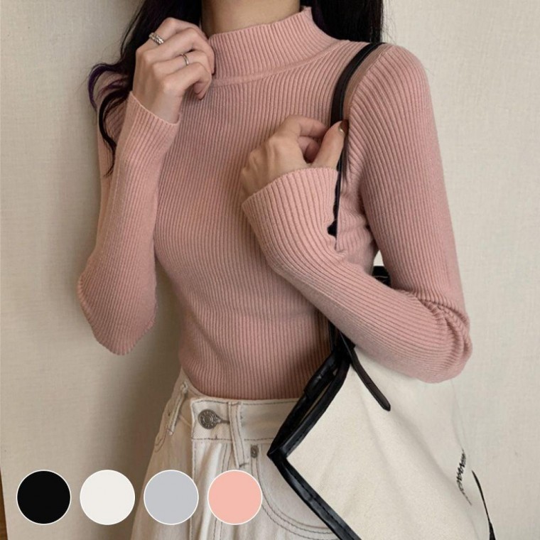 เสื้อไหมพรมคอปีนผ้าร่องเบสิคทรงสลิมฟิตแขนยาวสำหรับใส่เป็นตัวใน