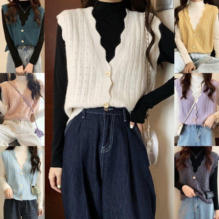 เสื้อกั๊กไหมพรมคอวีแต่งจีบสำหรับผู้หญิงใส่ในฤดูใบไม้ร่วง