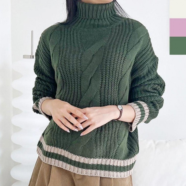 เสื้อไหมพรมคอเต่าลายเปียแต่งแถบสีสำหรับผู้หญิงใส่ในฤดูใบไม้ผลิ/ใบไม้ร่วง (1 ชิ้น)