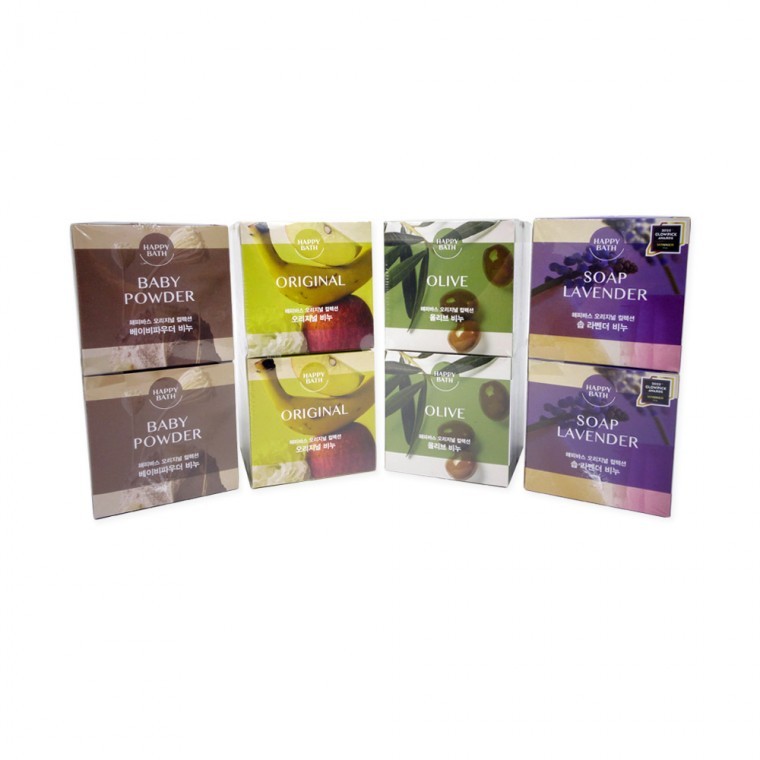 สบู่ Happy Bath กลิ่นลาเวนเดอร์ โอลีฟ แป้งเด็ก สูตรออริจินัล 90g x 4 ก้อน สำหรับล้างหน้า อาบน้ำ