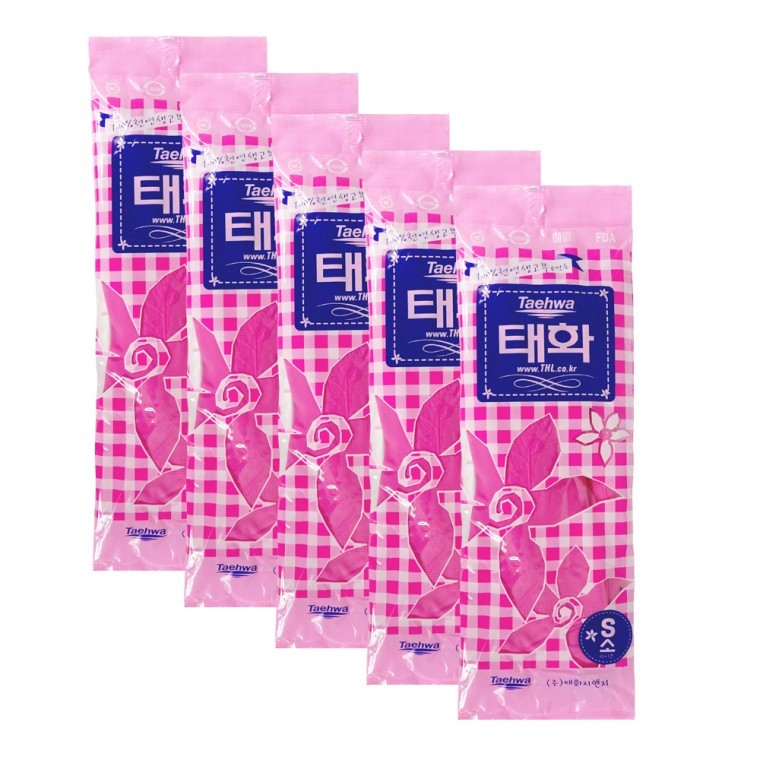 ถุงมือยางแทฮวา (เล็ก) สีชมพู - 5 ชิ้น สำหรับทำกิมจิ ถุงมือยางในครัว สีชมพู