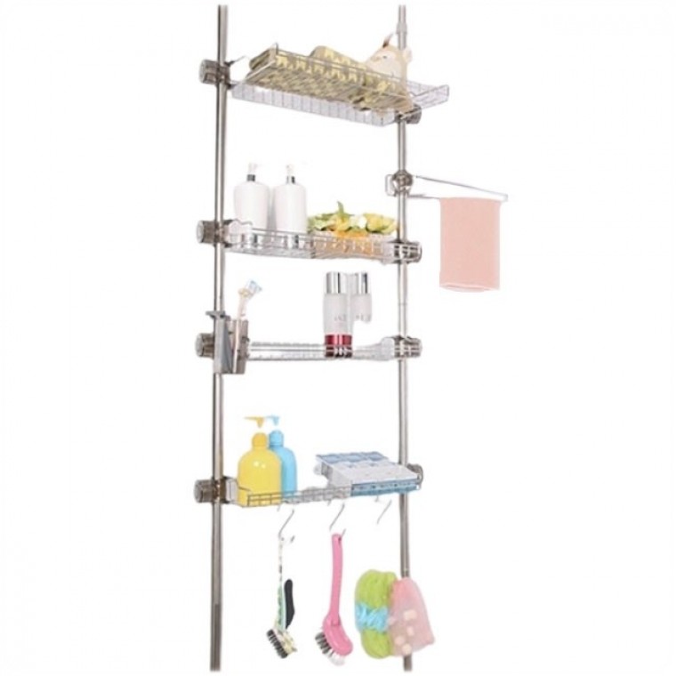 ชั้นวางสเตนเลสแบบเสาสำหรับห้องน้ำ (4 ชั้น 400 มม.) ตู้เก็บของในห้องน้ำ ที่วางแชมพู