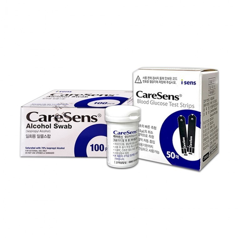 แผ่นทดสอบระดับน้ำตาลในเลือด Care Sense 50 แผ่น + แผ่นแอลกอฮอล์ 100 ชิ้น