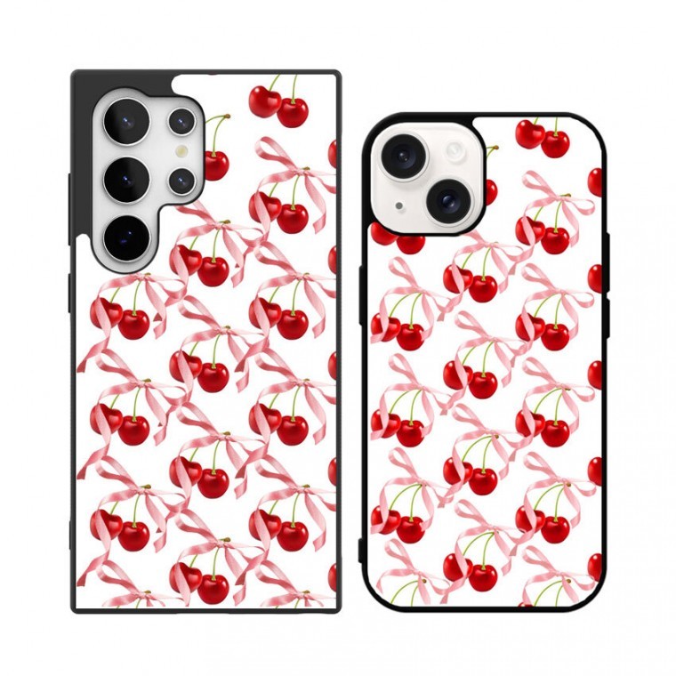 เคส Cherry Ribbon Pattern สำหรับ iPhone 16 15 14 13 12 Galaxy S25 S24 S23 S22 S21 A15 A24 A34 A35 A54 A5