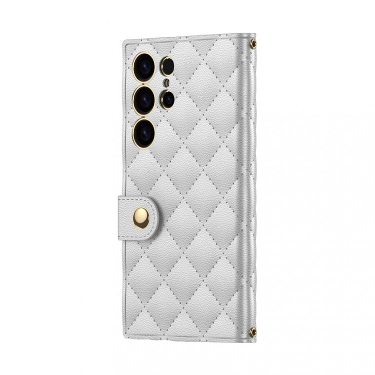 เคส Diamond Pattern Flip Leather Mirror Card Pocketพร้อมสายคล้อง สำหรับ Galaxy S25 Ultra