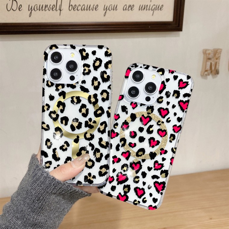 เคส Leopard Magsafe Magnetic Heart Transparent สำหรับ iPhone 16 15 14 13 Pro Galaxy S25 S24 S23 Plus Ultra
