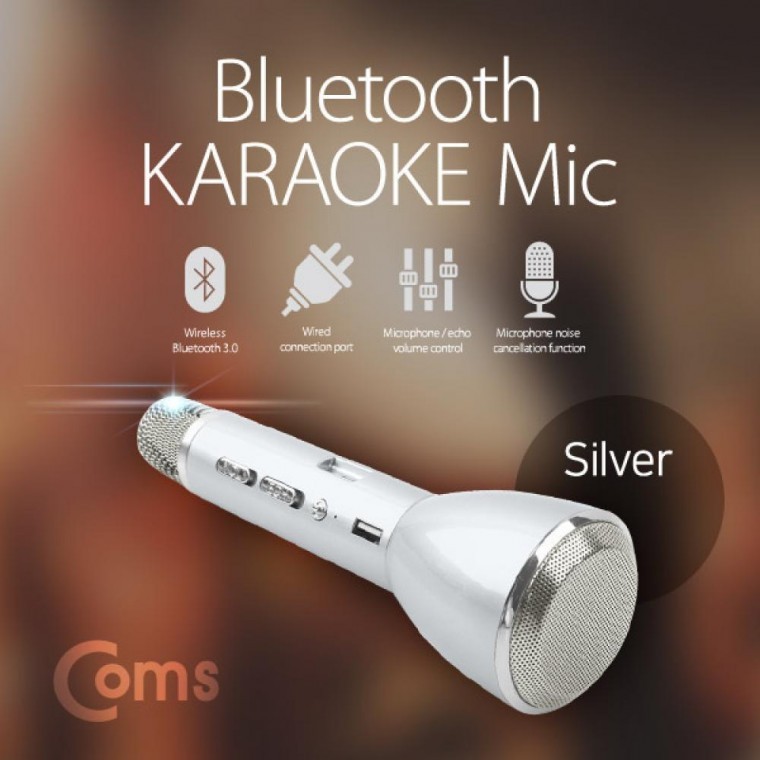ไมโครโฟนคาราโอเกะบลูทูธแบบพกพาพร้อมแอมป์ (AUX input, Echo volume, USB charging) สีเงิน evn1