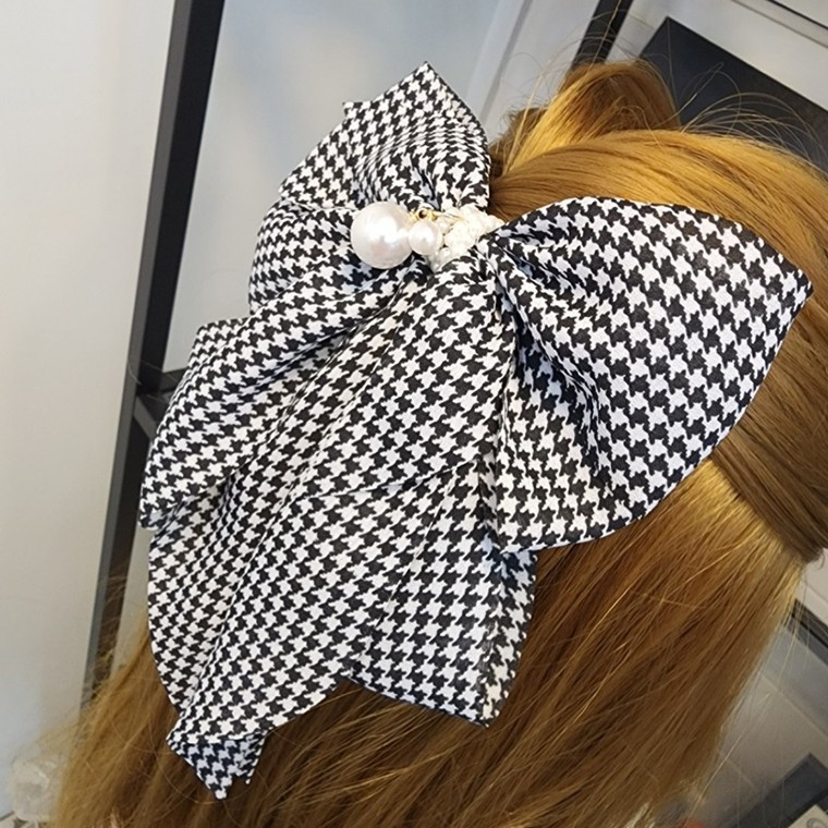 กิ๊บติดผมอัตโนมัติโบว์ใหญ่ ลาย houndstooth ประดับมุก