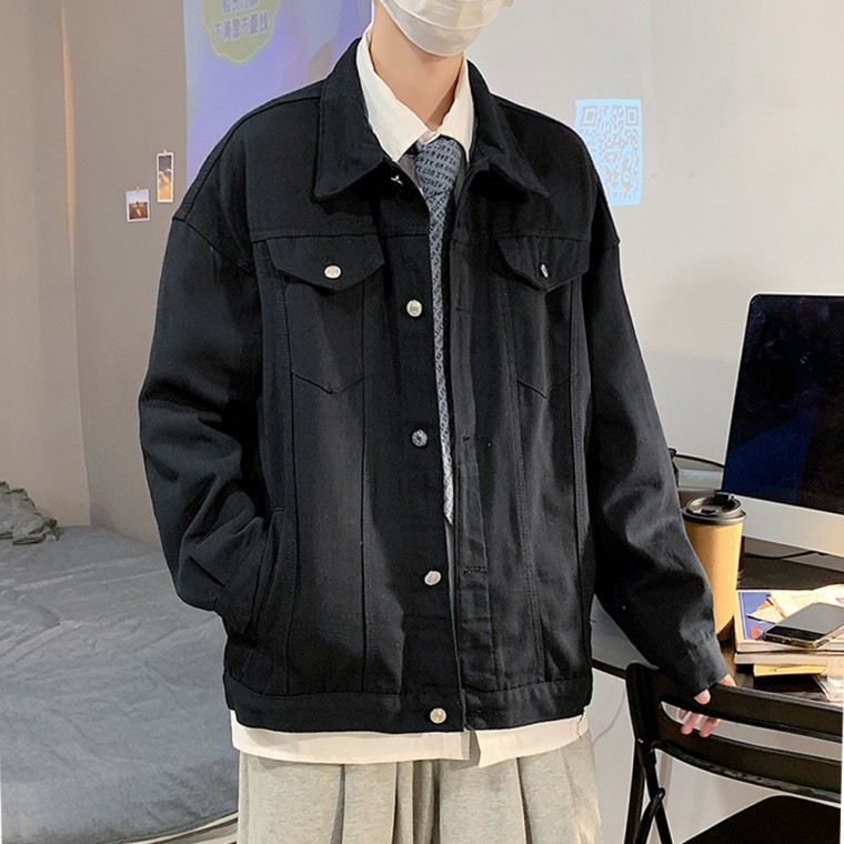 เสื้อแจ็คเก็ตยีนส์สำหรับฤดูเปลี่ยนผ่านสำหรับผู้ชาย ทรงหลวม สไตล์นักศึกษา