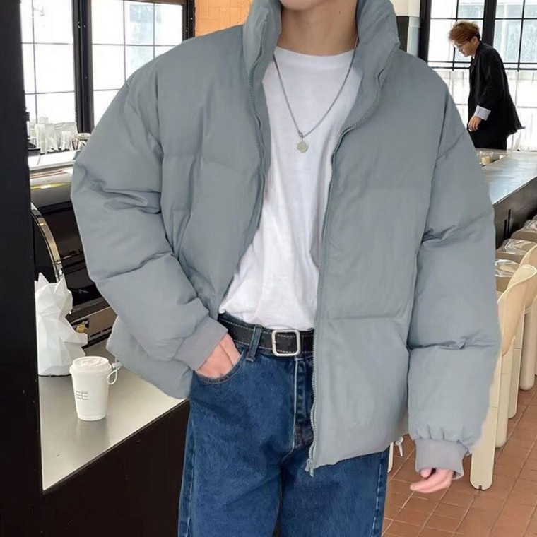 เสื้อแจ็คเก็ตบุนวมคอสูงสำหรับผู้ชายในฤดูใบไม้ร่วงและฤดูหนาว สไตล์เบสิก เสื้อกันลม เสื้อแจ็คเก็ตยีนส์