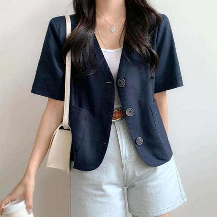 เสื้อแจ็คเก็ตแขนสั้นติดกระดุมเม็ดเดียว คอปกไร้ปก สำหรับผู้หญิง ใส่ทำงานได้ในฤดูร้อน