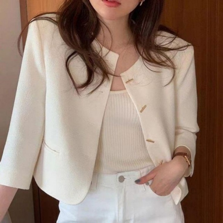 เสื้อแจ็คเก็ตสั้นไร้ปกคอวี สำหรับผู้หญิง ใส่ได้ในฤดูใบไม้ผลิและฤดูใบไม้ร่วง เหมาะสำหรับงานแต่งงาน