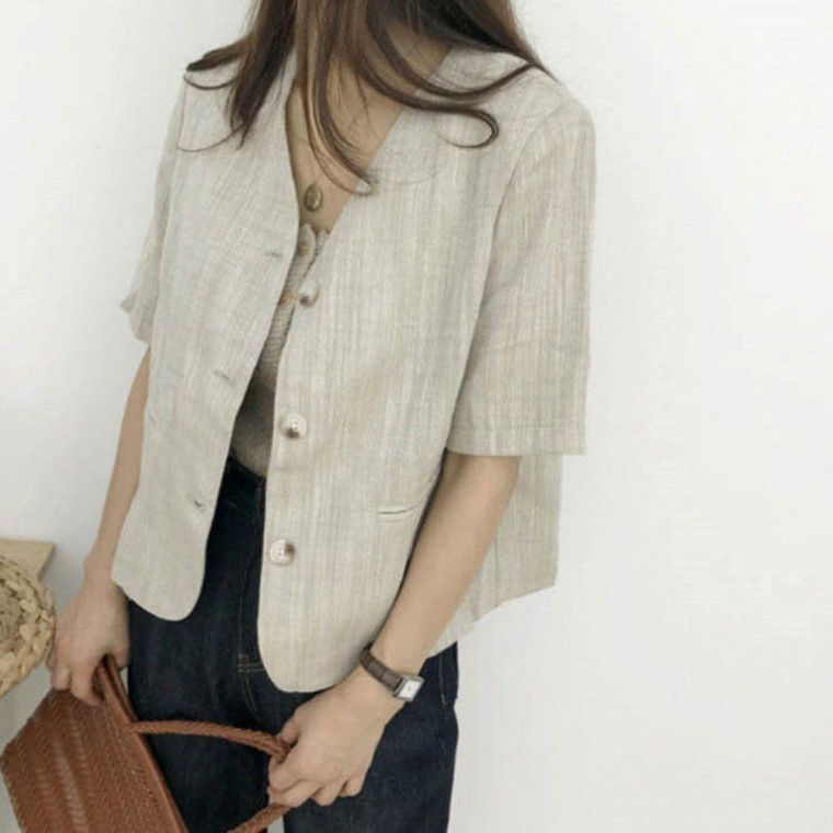 เสื้อแจ็คเก็ตแขนสั้นสไตล์คลาสสิก สวมใส่สบาย ระบายอากาศดี สำหรับผู้หญิง: เดนิม ทวีด โอเวอร์ไซส์ ใส่ได้ในฤดูร้อน สไตล์กึ่งทางการ