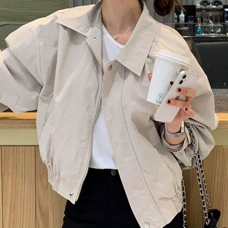 เสื้อแจ็คเก็ตสั้นคอปกเรียบร้อย ทรงหลวม สไตล์แคชชวล สำหรับผู้หญิง ใส่ได้ในฤดูใบไม้ผลิและฤดูใบไม้ร่วง
