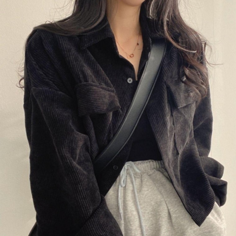 เสื้อแจ็คเก็ตคอปกผ้าลูกฟูกสั้น พร้อมเชือกรูด สำหรับผู้หญิง ใส่ได้ในฤดูใบไม้ร่วงและฤดูใบไม้ผลิ