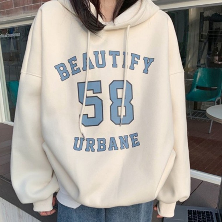 เสื้อฮู้ดผ้าฟลีซทรงโอเวอร์ไซส์สีขาว สำหรับนักเรียนในฤดูใบไม้ผลิที่อากาศหนาวเย็น