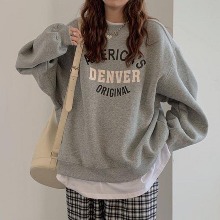 เสื้อยืดแขนยาวผู้หญิง เสื้อสเวตเตอร์ทรงหลวม มีขนด้านใน สำหรับฤดูใบไม้ผลิ/ฤดูใบไม้ร่วง สีเทา
