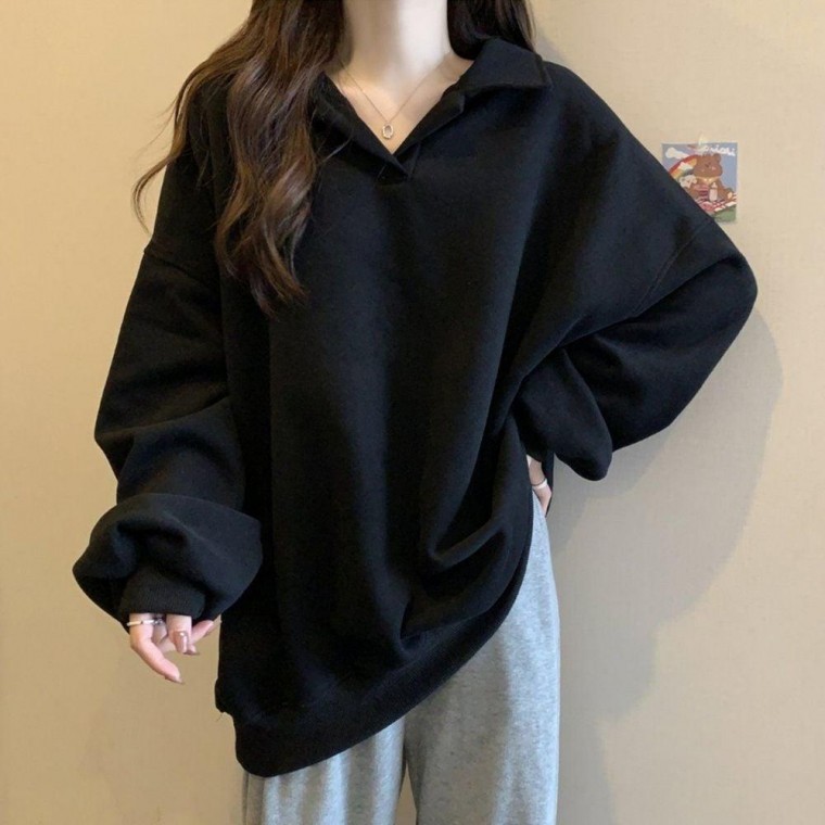 เสื้อฮู้ดมีปกคอวี ซับในผ้าฟลีซ ทรงโอเวอร์ไซส์ สำหรับฤดูใบไม้ผลิ/ฤดูใบไม้ร่วง เสื้อแขนยาวลำลอง