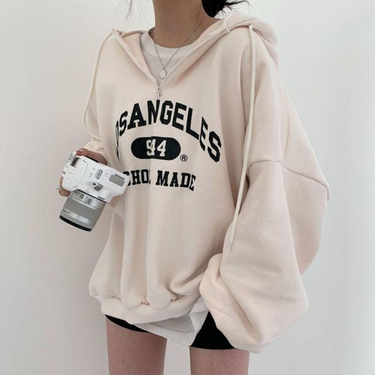 เสื้อฮู้ดพิมพ์ลายตัวอักษรครึ่งซิป ทรงโอเวอร์ไซส์ สำหรับผู้หญิง ทรงหลวม
