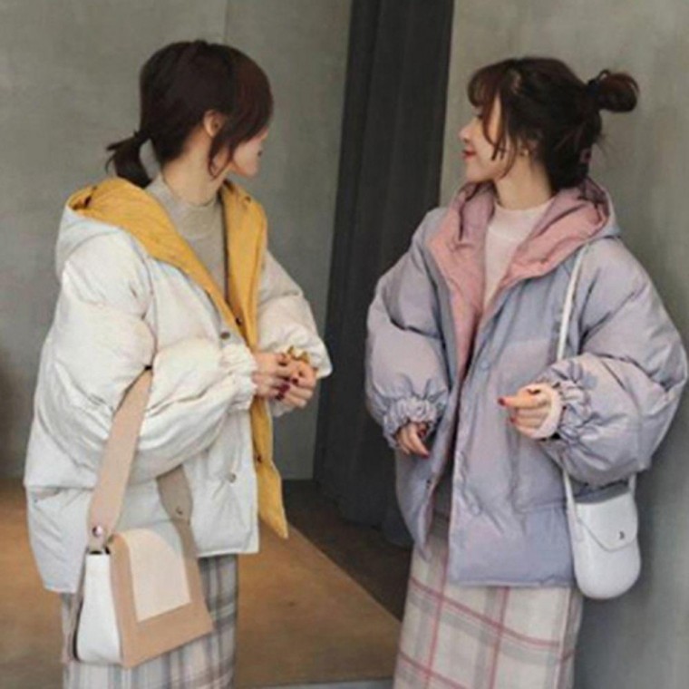 เสื้อแจ็คเก็ตขนสัตว์พลิกกลับได้พร้อมกระเป๋าใหญ่ ทรงโอเวอร์ไซส์น่ารักสำหรับผู้หญิง, เสื้อคลุมฤดูหนาว, แพดดิ้ง, เสื้อขนเป็ดสำหรับผู้หญิง