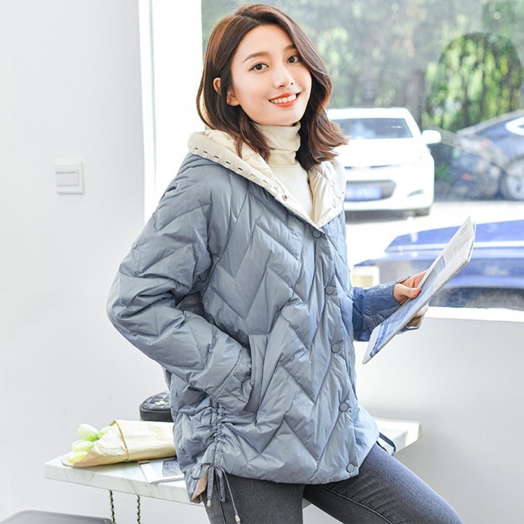 ส่ง 2500, แพดดิ้งน้ำหนักเบาขนเป็ดสีขาวพรีเมียมสำหรับผู้หญิงในช่วงเปลี่ยนฤดู, แพดดิ้งกึ่งบุสามมิติมีฮู้ดสำหรับผู้หญิง