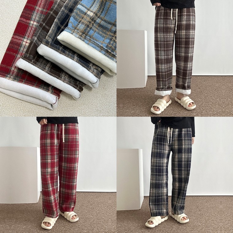 กางเกงผ้าฟลีซลายสก๊อต กางเกงนอน ชุดนอนผ้าฟลีซ Homewear สำหรับฤดูหนาว