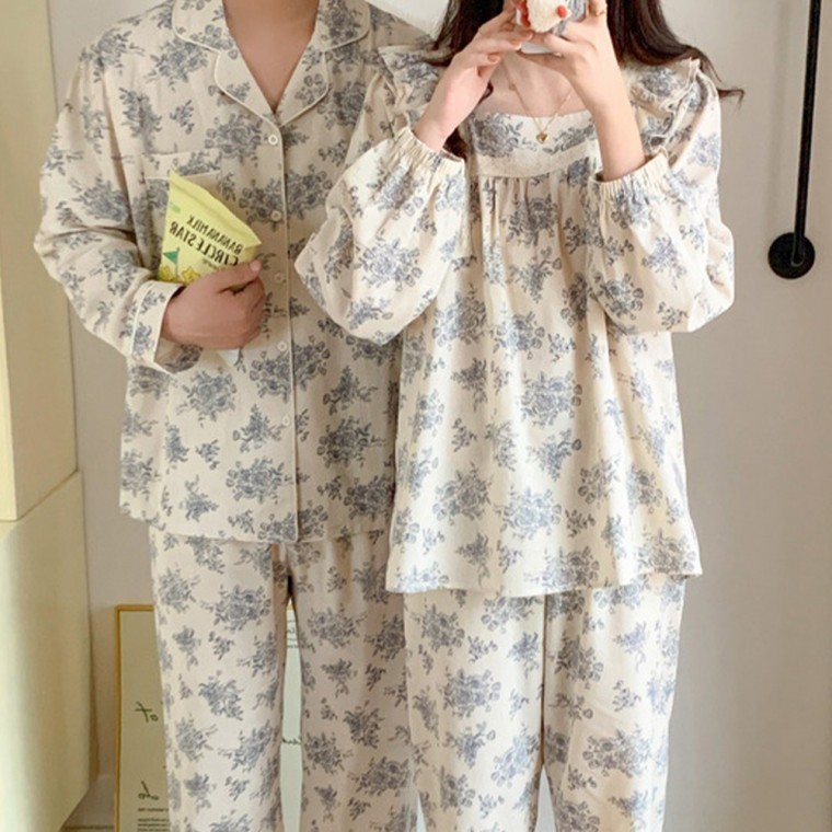 ชุดนอนผ้าฝ้ายแท้ 100% ลาย Toile de Jouy สำหรับฤดูใบไม้ผลิและฤดูเปลี่ยนฤดู แขนยาว