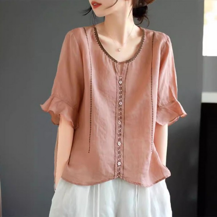 เสื้อยืดแขนสั้นลายปักและแขนระบาย น่ารัก สำหรับฤดูร้อน เสื้อเบลาส์
