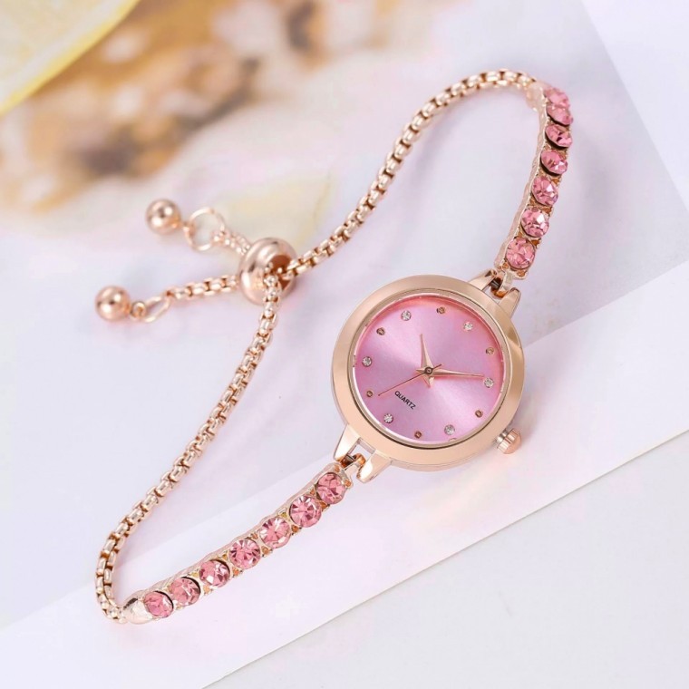 นาฬิกาข้อมือผู้หญิง Shinestone Slide (สีชมพู)