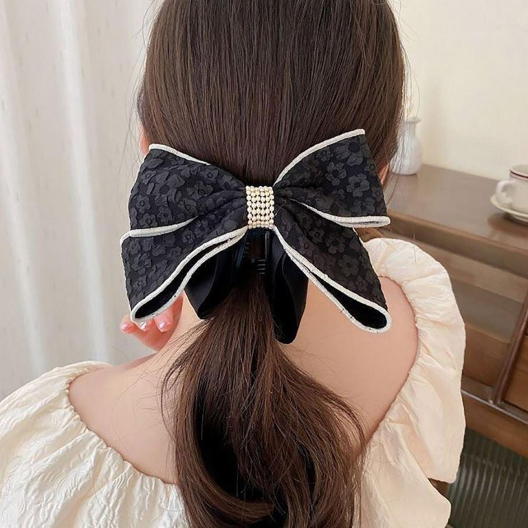 กิ๊บหนีบผมทรงกล้วยประดับโบว์และมุก สีดำและงาช้าง สำหรับผู้หญิง (มีกิ๊บติดผม กิ๊บหนีบผม)