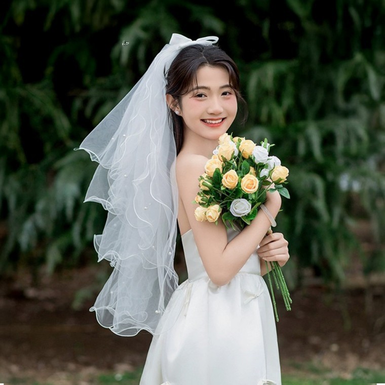 ผ้าคลุมหน้าเจ้าสาว 4 ชั้น ประดับริบบิ้นและมุก สำหรับงานแต่งงานแบบ DIY และถ่ายพรีเวดดิ้ง