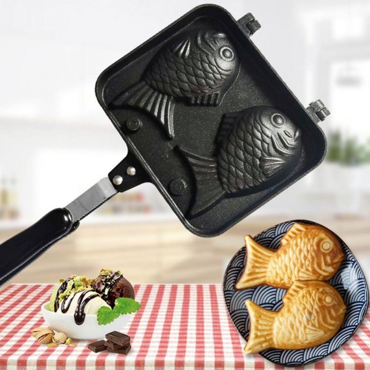 กระทะทำขนมปังปลา Taiyaki สำหรับใช้ในบ้าน 2 ช่อง