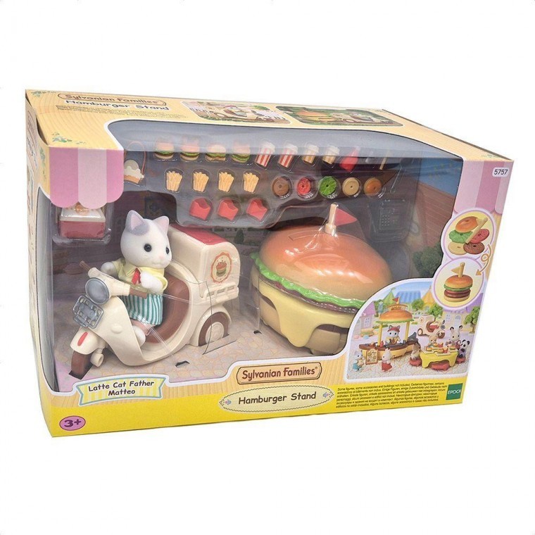 รถเข็นแฮมเบอร์เกอร์ของแมวลาเต้ Sylvanian Family ของขวัญของเล่นฟิกเกอร์ตุ๊กตาสัตว์สำหรับเด็ก