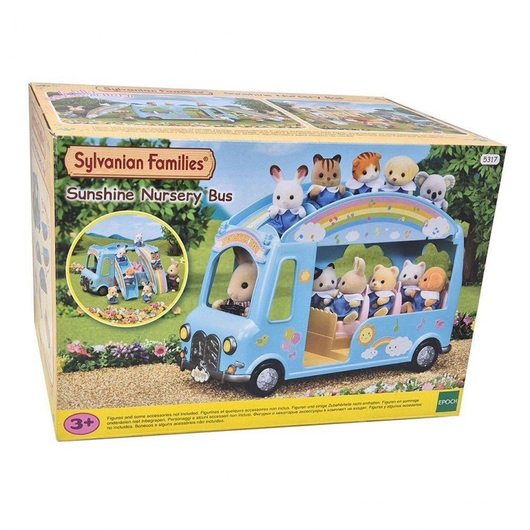 รถบัส 2 ชั้นโรงเรียนอนุบาลสายรุ้ง Sylvanian Family ของขวัญของเล่นฟิกเกอร์ตุ๊กตาสัตว์สำหรับเด็ก