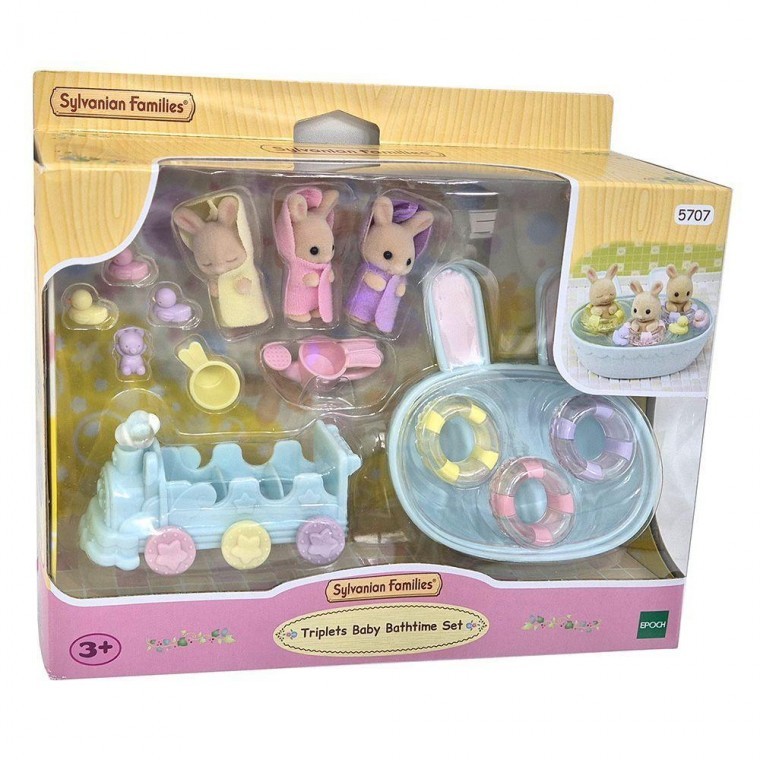 ชุดอาบน้ำแฝดสามกระต่ายนม Sylvanian Family ของขวัญของเล่นฟิกเกอร์ตุ๊กตาสัตว์สำหรับเด็ก