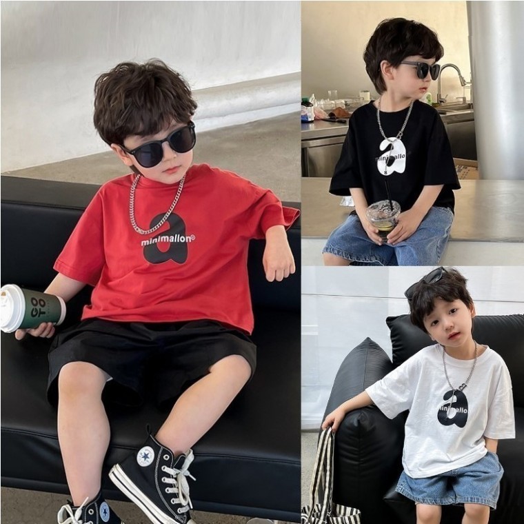 เสื้อยืดคอกลมแขนสั้นผ้าฝ้ายสำหรับเด็กผู้ชาย ชุดเสื้อและกางเกงสำหรับใส่ไปโรงเรียน
