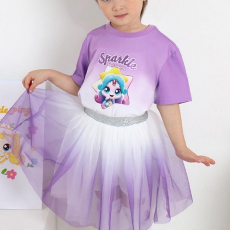 ชุดกระโปรงตาข่ายแขนสั้น 5 ส่วนสำหรับเด็กผู้หญิงลายการ์ตูนน่ารัก
