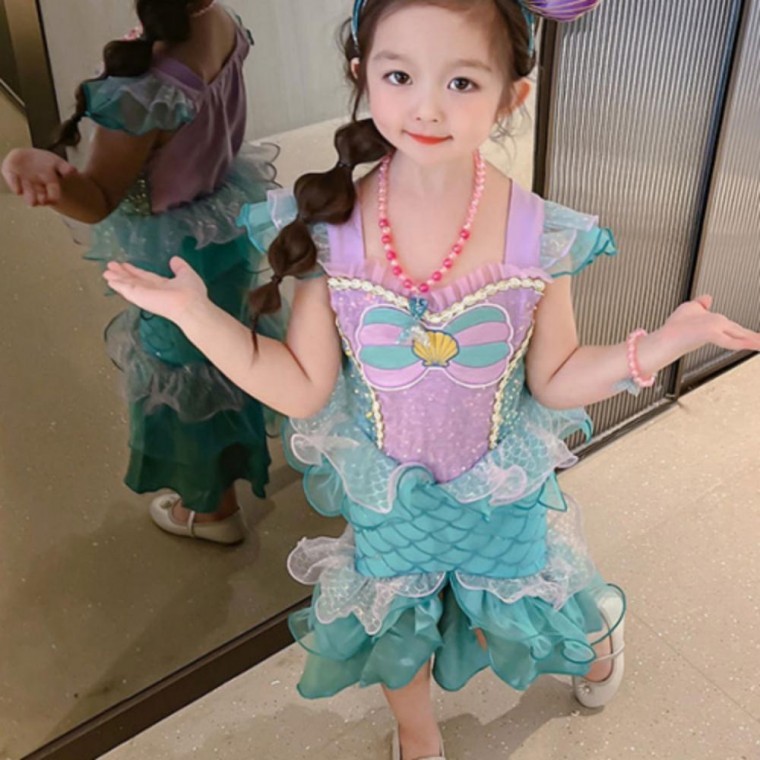 ชุดเดรสเจ้าหญิงเงือกแบบลูกไม้สำหรับเด็กผู้หญิง