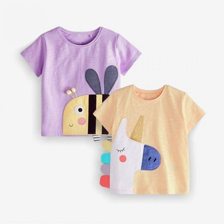 เสื้อยืดแขนสั้นผ้าฝ้ายปักลายยูนิคอร์นสำหรับเด็กผู้หญิง