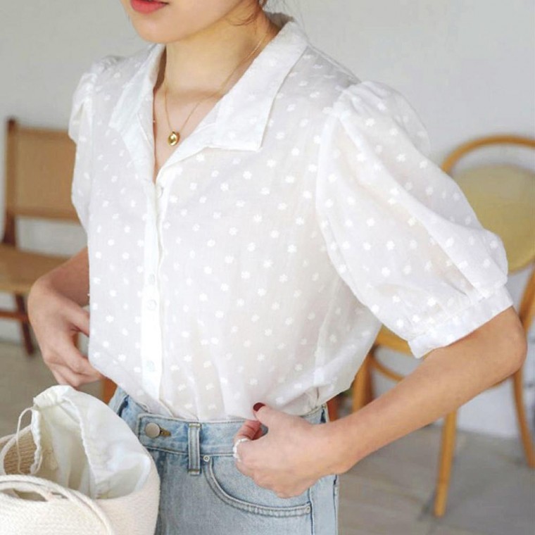 เสื้อเบลาส์แขนสั้นผู้หญิงฤดูใบไม้ผลิและฤดูร้อน