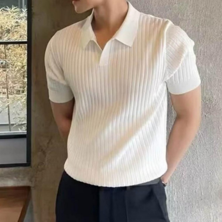 เสื้อยืดแขนสั้นคอวีมีปกสำหรับผู้ชาย สไตล์ Daily