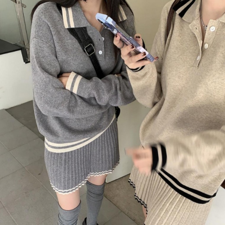 เสื้อไหมพรมมีปกสำหรับผู้หญิง ชุดกระโปรงสเวตเตอร์ 2 ชิ้น