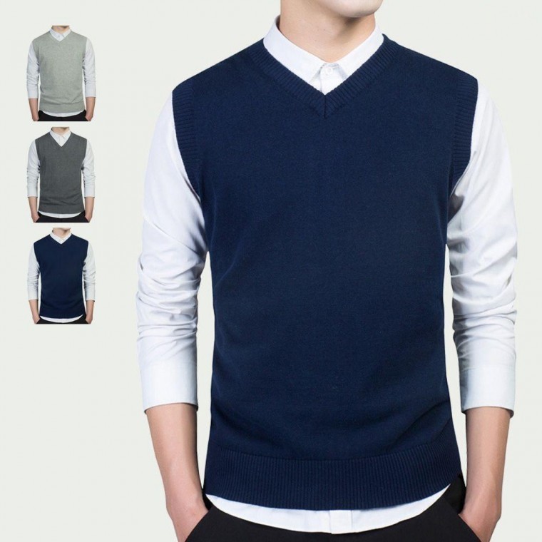 เสื้อกั๊กไหมพรมคอวีแขนกุดสำหรับผู้ชาย